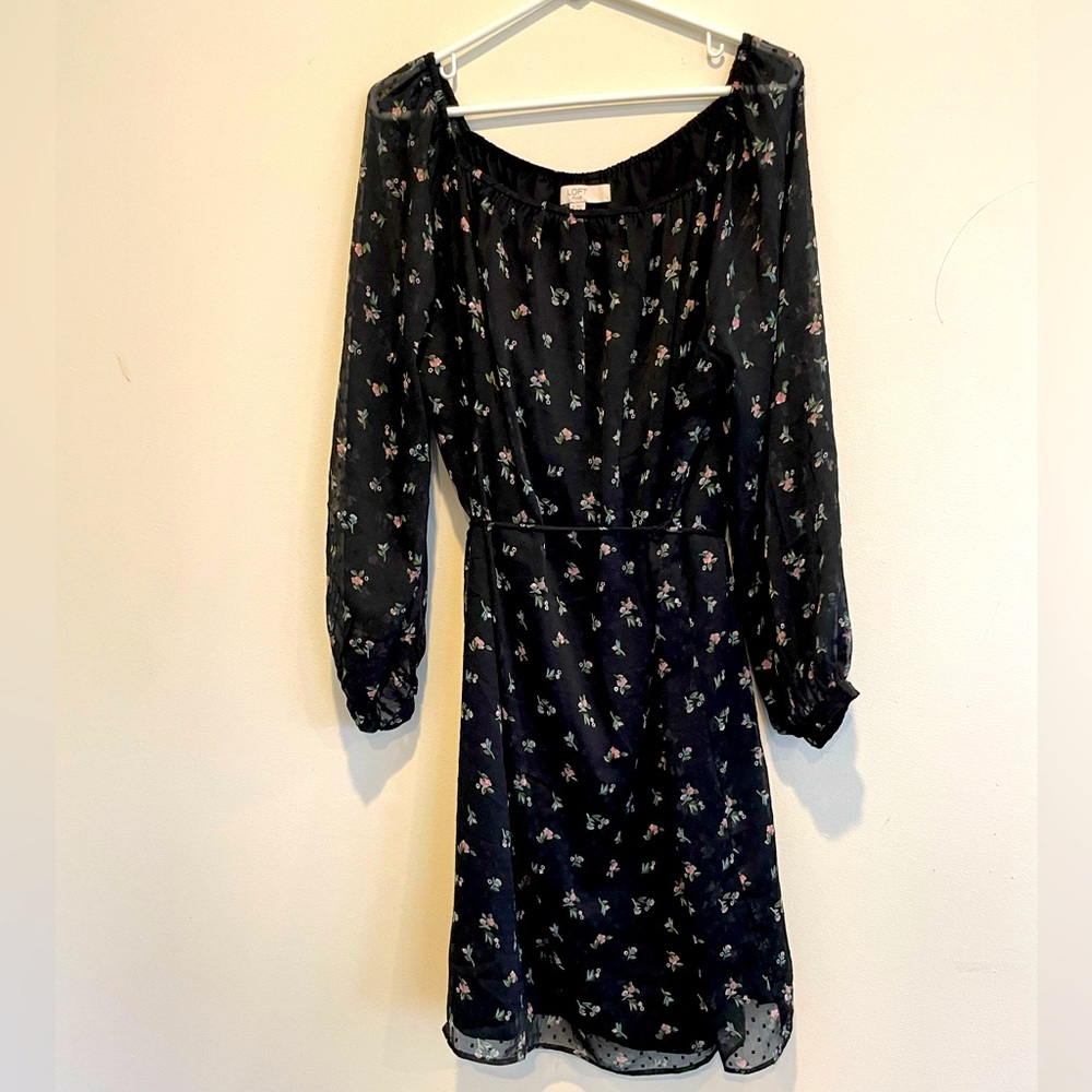 Loft black floral tie waist dress 18 Plus